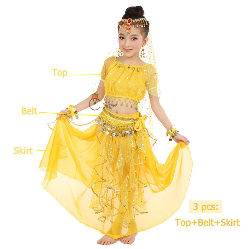 Yellow 3 pcs Стиль Дети танец живота костюм для восточных танцев костюмы для танцоров одежда индийские танцевальные костюмы для детей из 3 предметов, 7 шт./компл - Цвет: Yellow 3 pcs