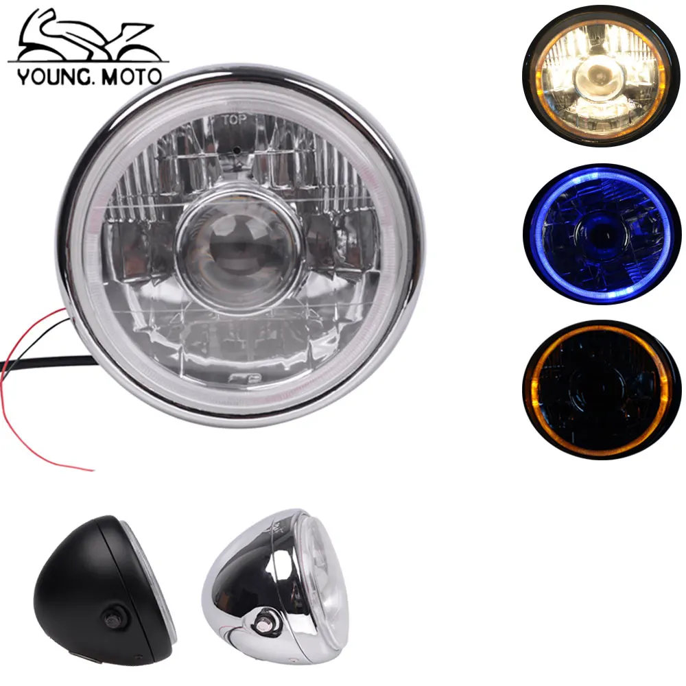 Молодой. мото фары ретро черный хром круглый передняя фара Лампа Комплект пятно