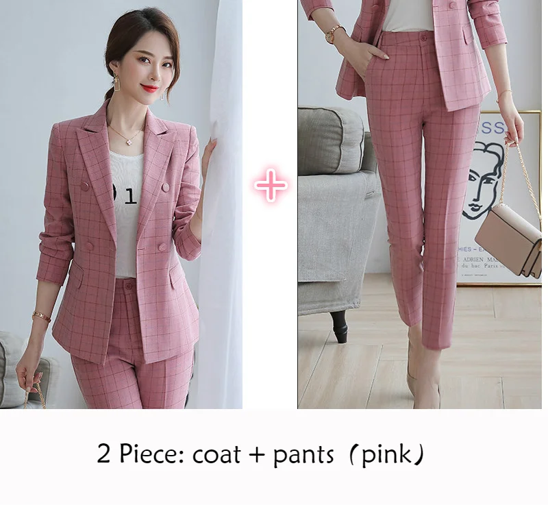 pink coat pants Женские костюмы,, элегантные, розовые, в клетку, Осень-зима, блейзеры, офисные, для девушек, модные, повседневные, для работы, пальто, брюки, костюмы, женская одежда - Цвет: pink coat pants