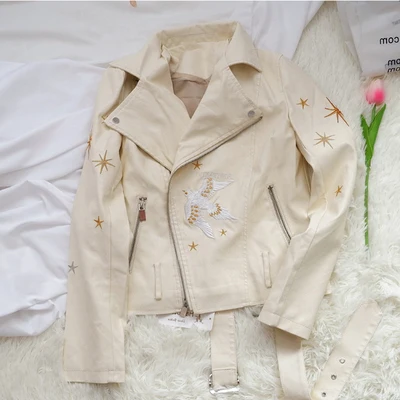 beige Новая мода тяжелая работа вышитые кожаные куртки женские весна осень пояс PU кожаная куртка Локомотив кожаная куртка wq2010 - Цвет: beige
