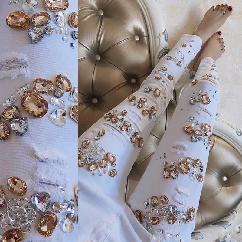 13 Цвета Украшенные стразами дизайнерские джинсы со Рваные Для женщин эластичные