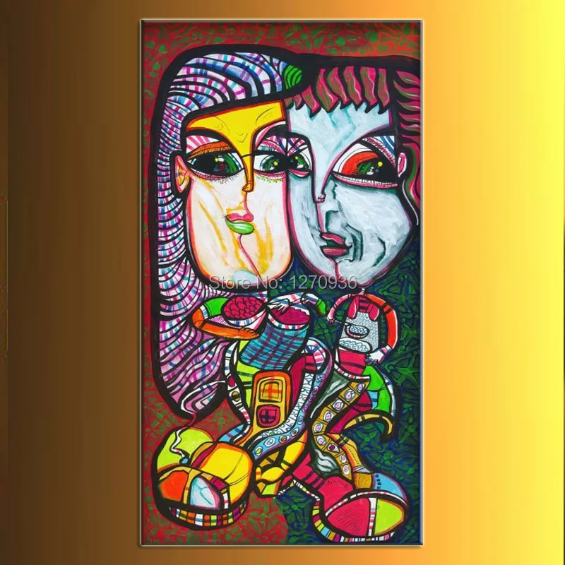 Пара абстрактной живописи маслом на холсте они едят обеды красочные красивые