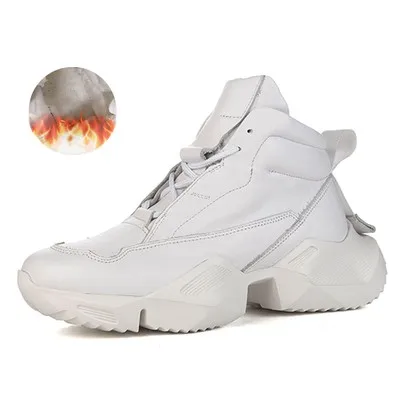 white fleece lining Брендовые зимние высокие кроссовки на платформе; мужская повседневная обувь из натуральной кожи на толстой подошве, увеличивающая рост; мужские черные кроссовки наивысшего качества - Цвет: white fleece lining