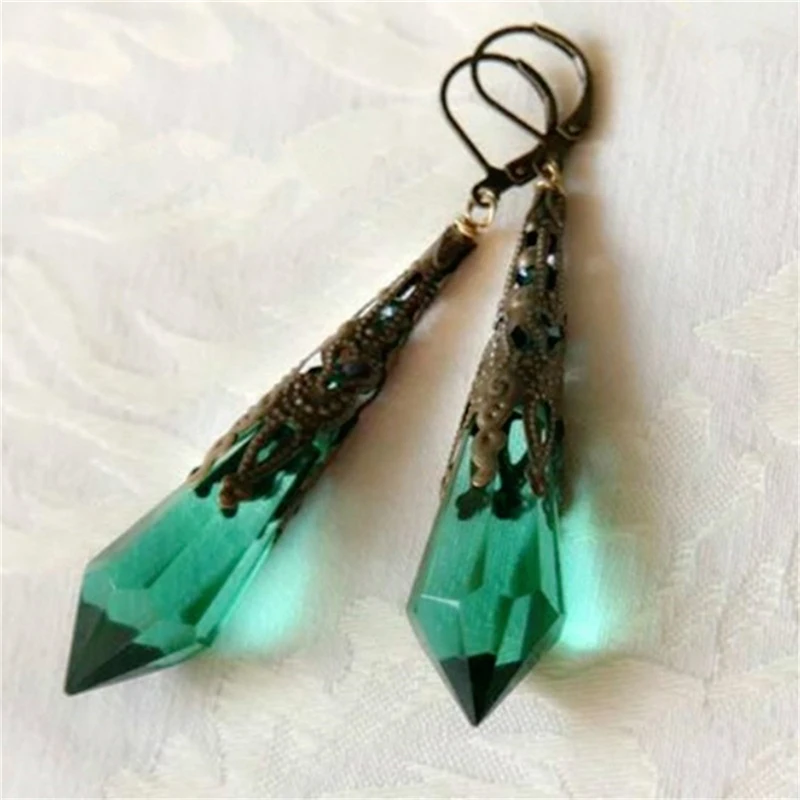 Античная бронза цвет женский зеленый страз кристалл висячие серьги винтажные