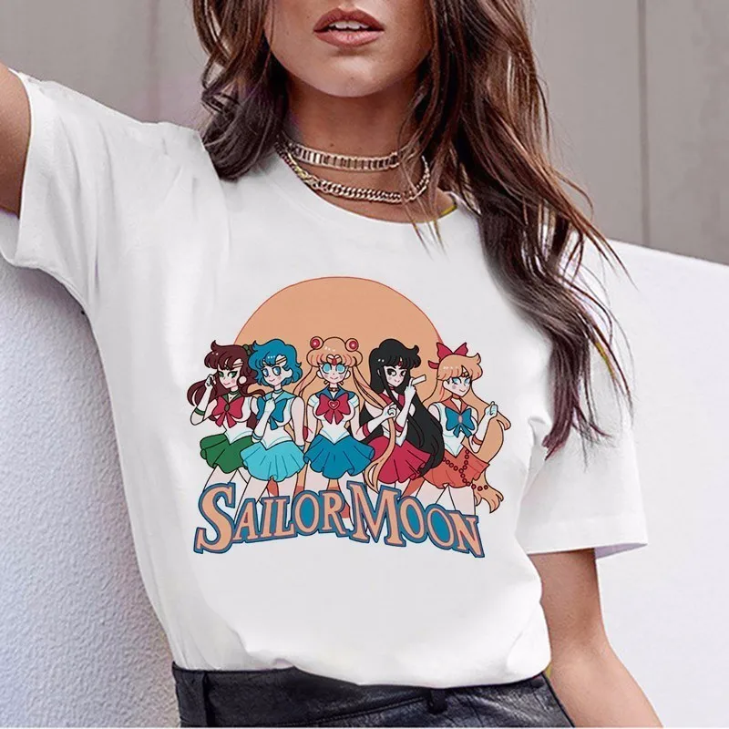 Матросская футболка с Луной женские kawaii Модные женские футболки в стиле Харадзюку футболка Эстетическая футболка Ulzzang Милая футболка с котом топ с рисунком
