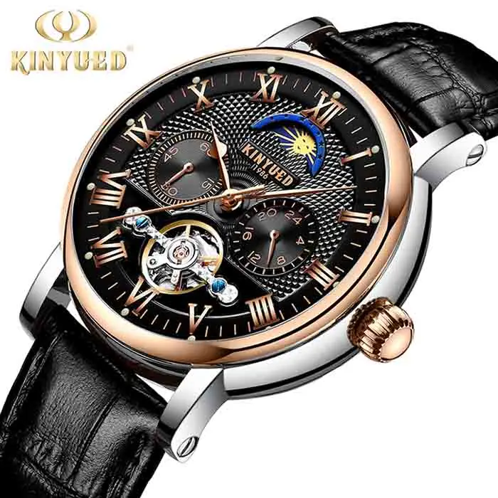 KINYUED Роскошные автоматические часы с фазой Луны для мужчин хронограф Tourbillon для мужчин s Скелет механические часы бренд Relogio Masculino - Цвет: Gold Black