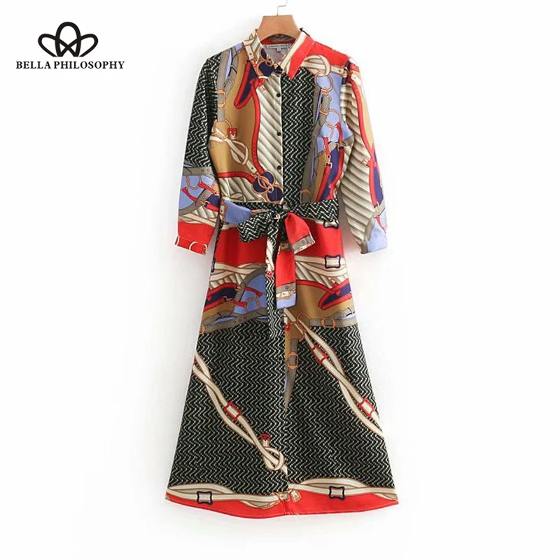 Bella Philosophy для женщин печати shirtdress свободные три четверти рукав лук кимоно с завязками длинное платье vestidos chic платья для
