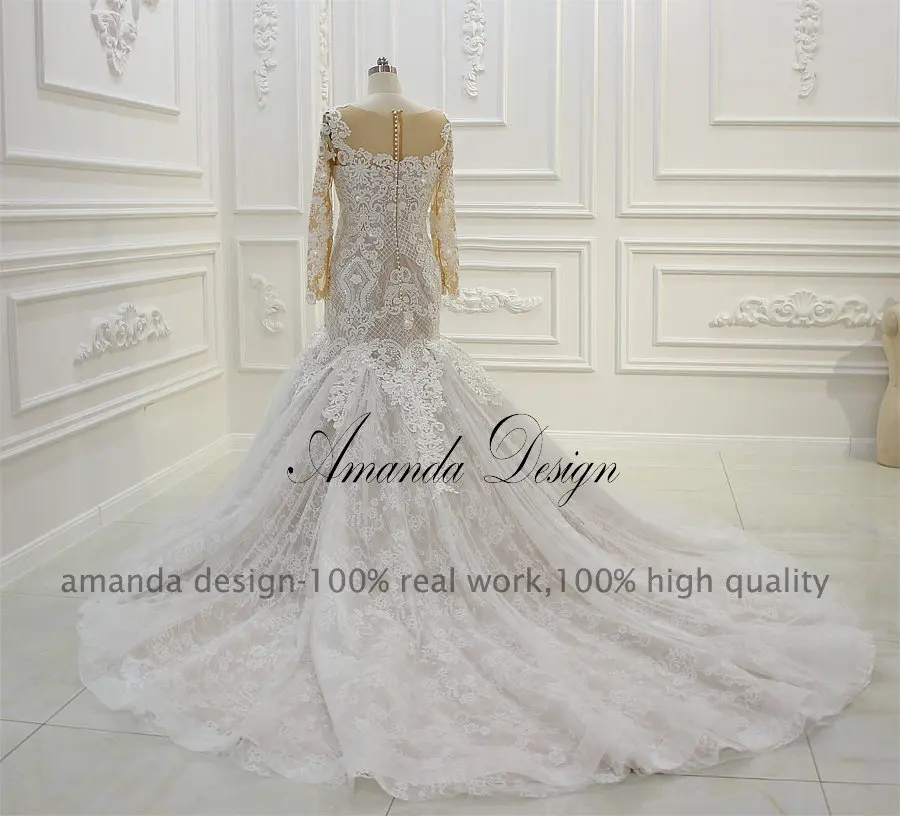 Свадебное платье-Русалка цвета шампанского с длинным рукавом и круглым вырезом |