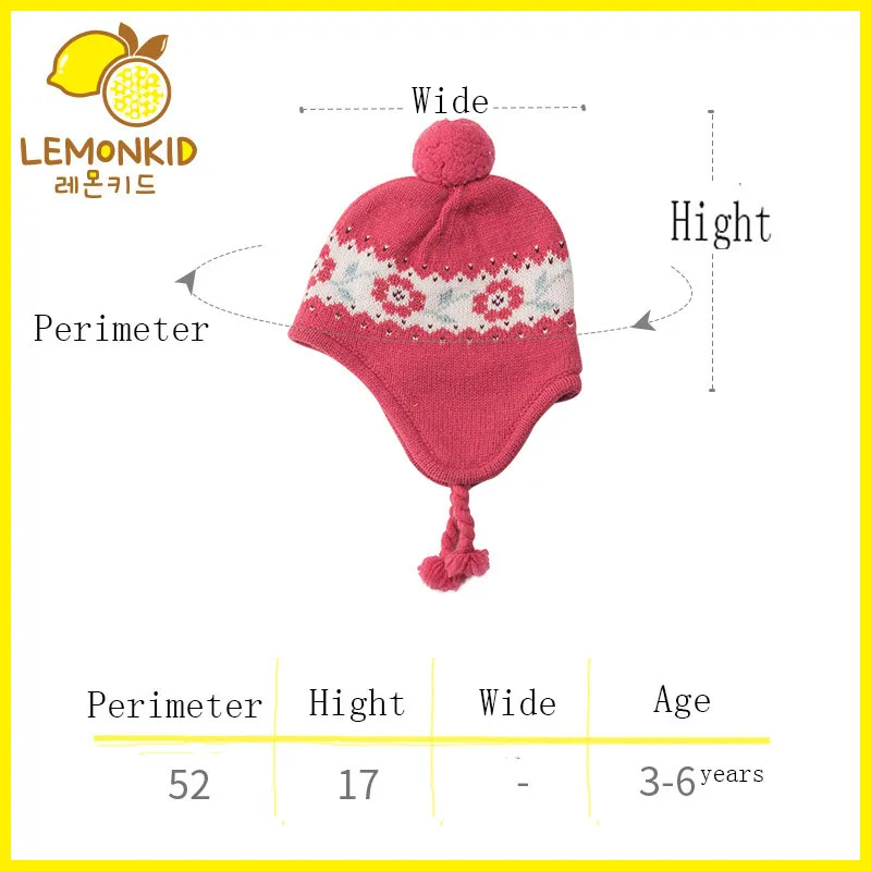 LEMONKID ponytail Bomber Hats For kids flower cap Autumn Winter Big Pom Knit Warm Thick Cable Earflap Ear Protection Child |