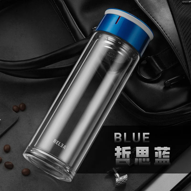 blue lid bottle 320 ml Портативный двухслойный жаропрочного стекла чай кофейный термос бутылка из боросиликатного стекла фильтром из нержавеющей стали бутылки - Цвет: blue lid bottle
