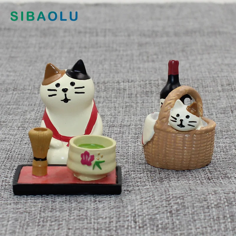

Cute Cat Basket Tea Beer Miniature figurine Japan Zakka Resin Toy wedding decoration fairy garden statue Home garden Decole