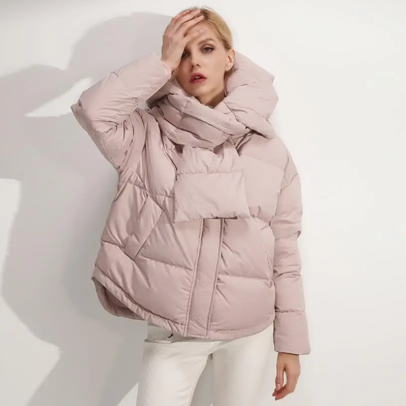 nude pink Зимняя Новинка, модный бренд, белая куртка-пуховик на утином пуху, женское теплое пальто с капюшоном, стеганое пуховое пальто с пуховым шарфом, wq411, Прямая поставка - Цвет: nude pink