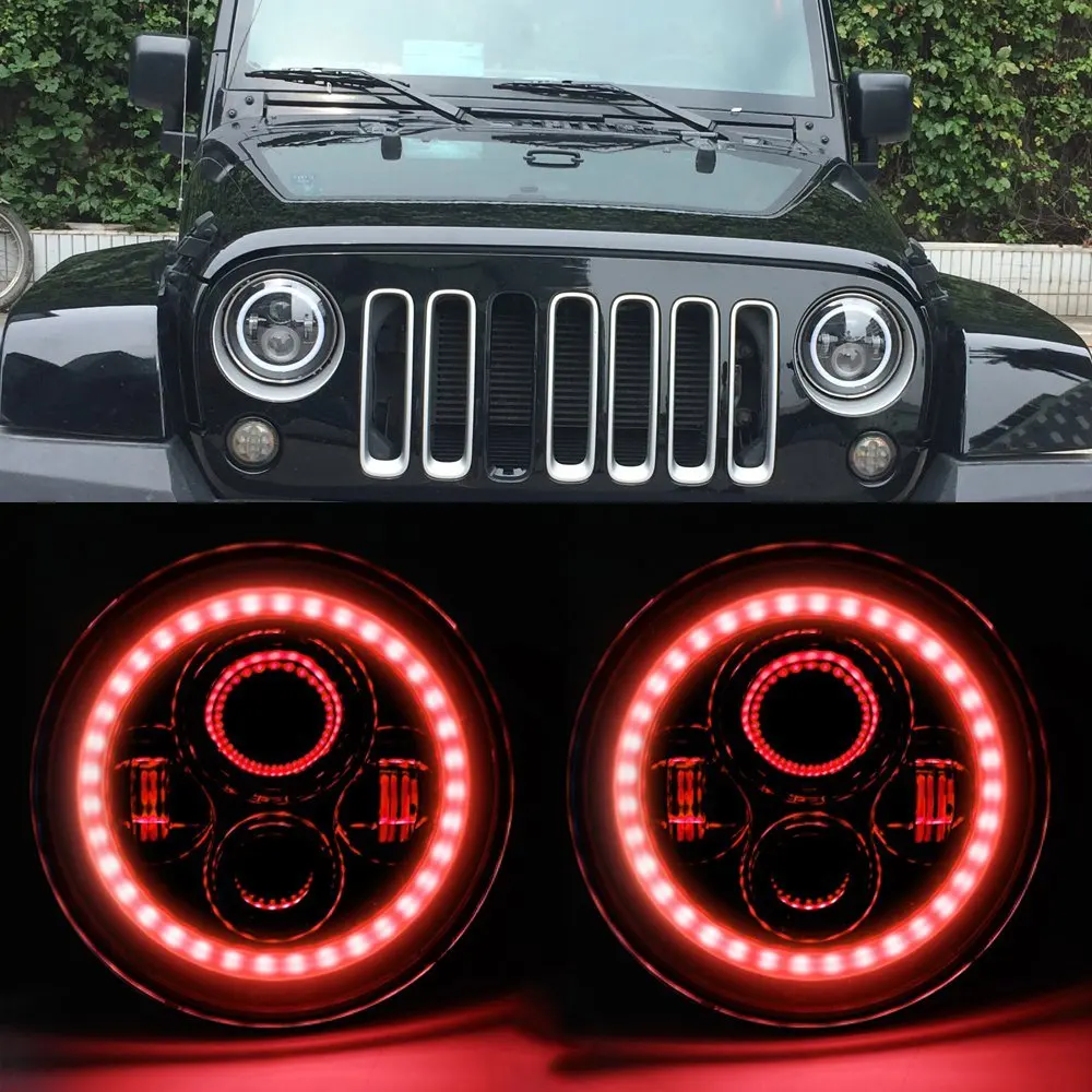 Для Jeep Wrangler TJ JK JKU Rubicon Sahara Pair 7 светодиодный налобный фонарь с красным ДХО |