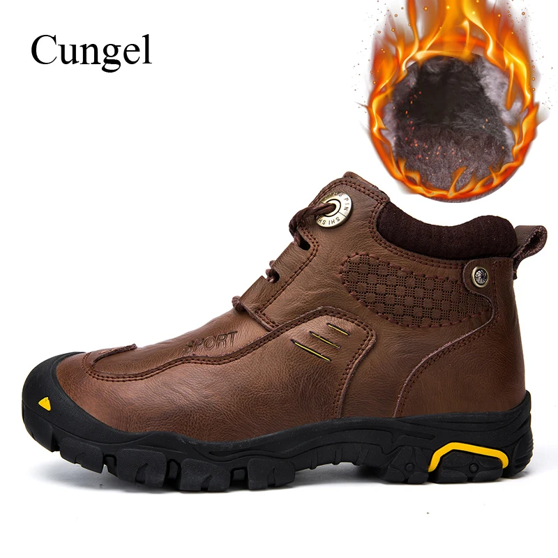 

Cungel Outdoor men Hiking shoes Winter Trekking First layer cowhide Leather boots Warm plush Anti-skid Mountain climbing boots