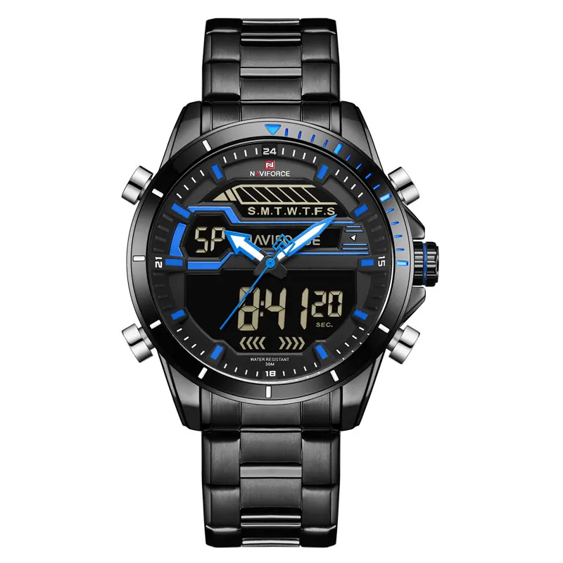 Blue Бренд NAVIFORCE, мужские спортивные часы, водонепроницаемые, хронограф, светодиодный, цифровые, аналоговые часы для мужчин, s Сталь, кварцевые часы, Relogio Masculino - Цвет: Blue