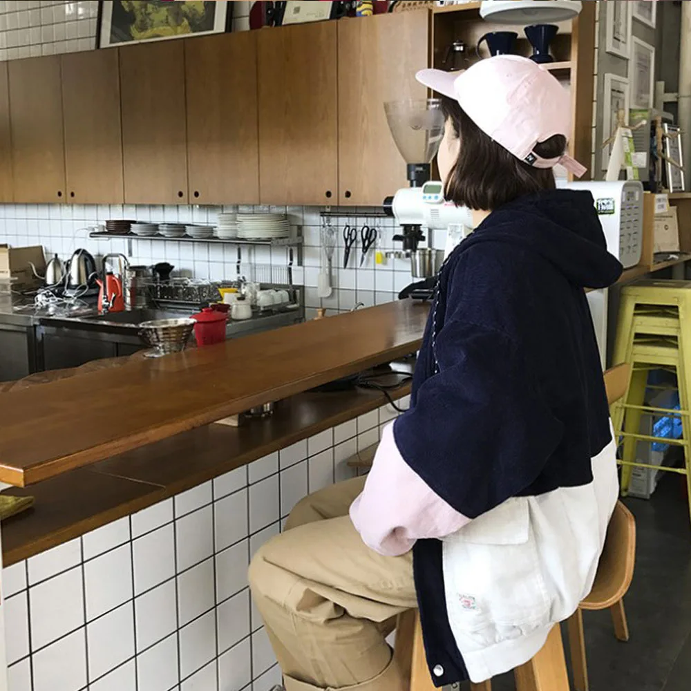 Harajuku Корейская куртка на молнии с капюшоном с цветным блоком Вельветовая с карманами K-pop куртка зима/осень 3XL женские куртки пальто