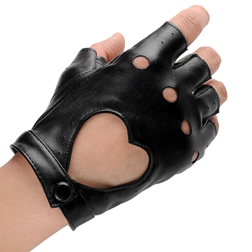 

1 Pair Women Fashion Black PU Leather Half Finger Gloves Autumn Winter Solid Cool Heart Hollow Fingerless Gloves