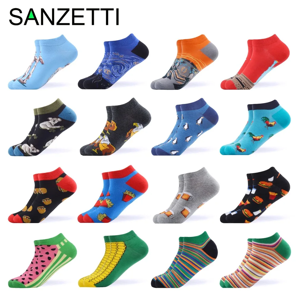 SANZETTI/16 пар/лот, повседневные мужские цветные летние короткие носки из чесаного хлопка, клетчатые носки с рисунками животных, масляными рисунками, Веселые носки Ван Гога