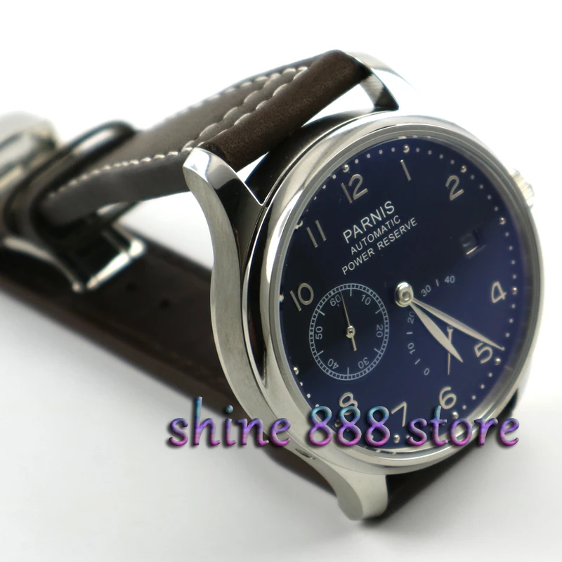 Мужские часы Parnis 43 мм с черным циферблатом кожаным ремешком пряжкой запасным