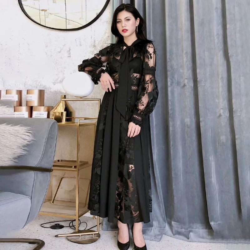 TWOTWINSTYLE элегантное женское платье на шнуровке, фонарь, длинный рукав, вышивка, перспективное, длина по щиколотку, платья для женщин, осень
