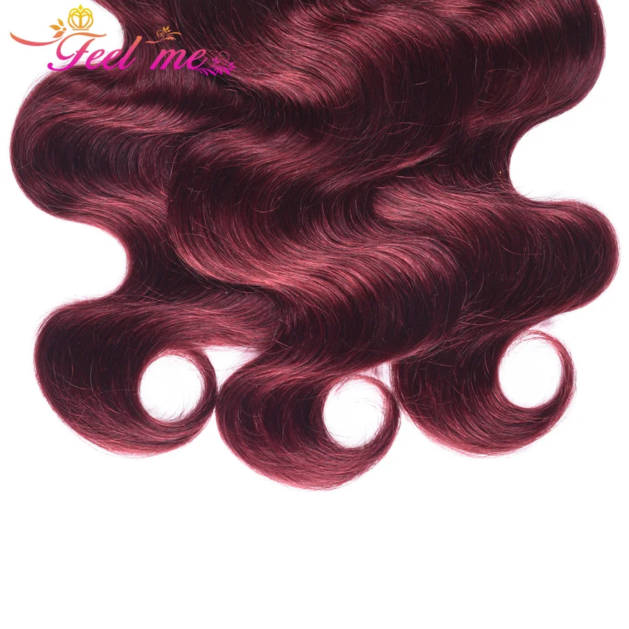 Feel Me Hair MalaysianClosure Human With Bundles Burgundy Body Wave 3 Frontal #99j Pre-Colored Non-remy | Шиньоны и парики