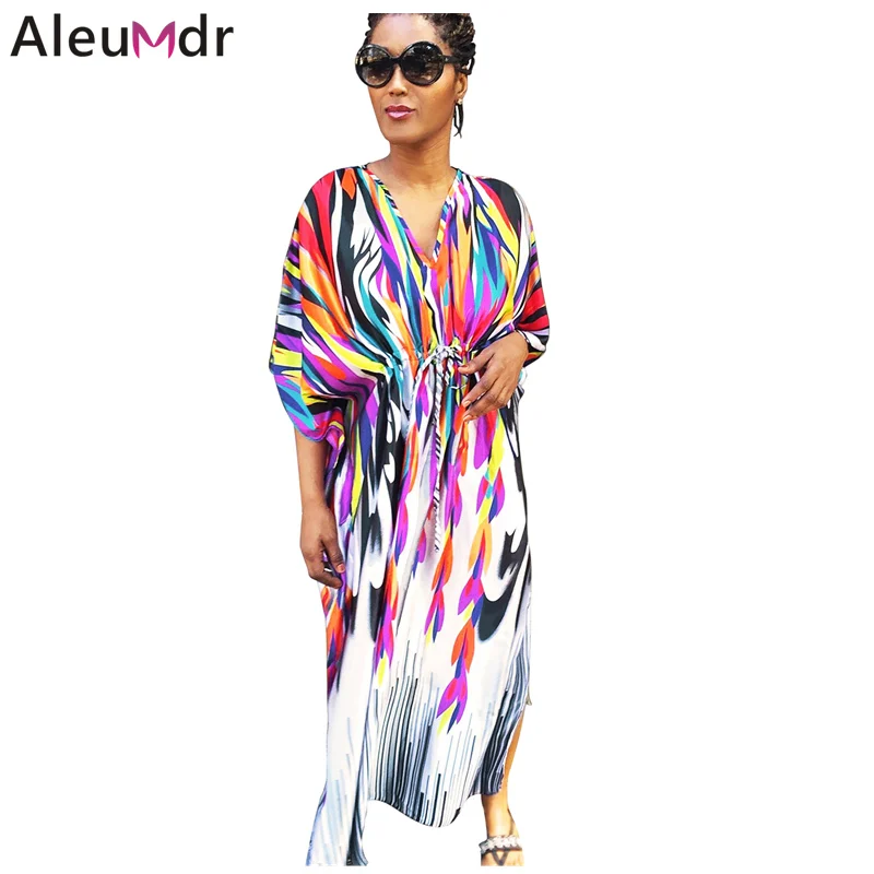 Aleumdr Boho платье Длинный летний пляжный купальник Разноцветные Галстуки спереди