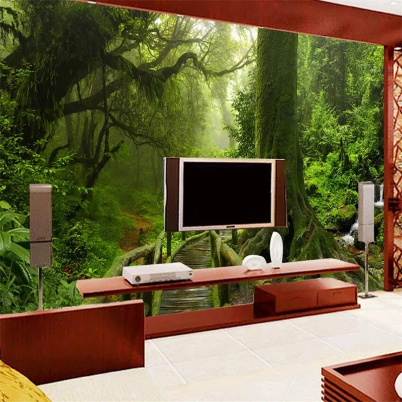 Обои на заказ 3d фрески зеленые большие деревья пейзаж тропический дождь лес обои