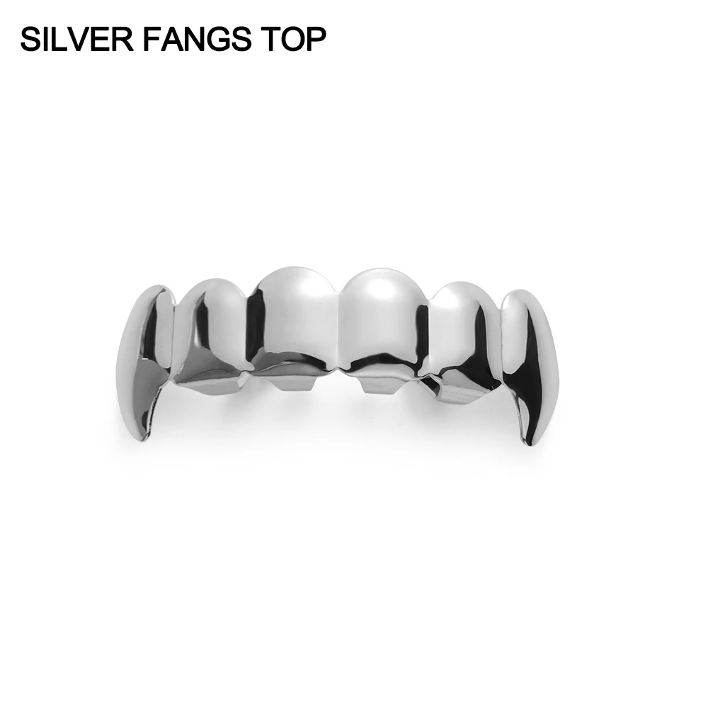 Silver Fangs Set 1 шт., Новое поступление, Топ или низ, набор форм, хип-хоп, зубная крышка, верхняя и нижняя решетка для гриля, гриля для рта, украшения для тела - Окраска металла: Silver Fangs Set