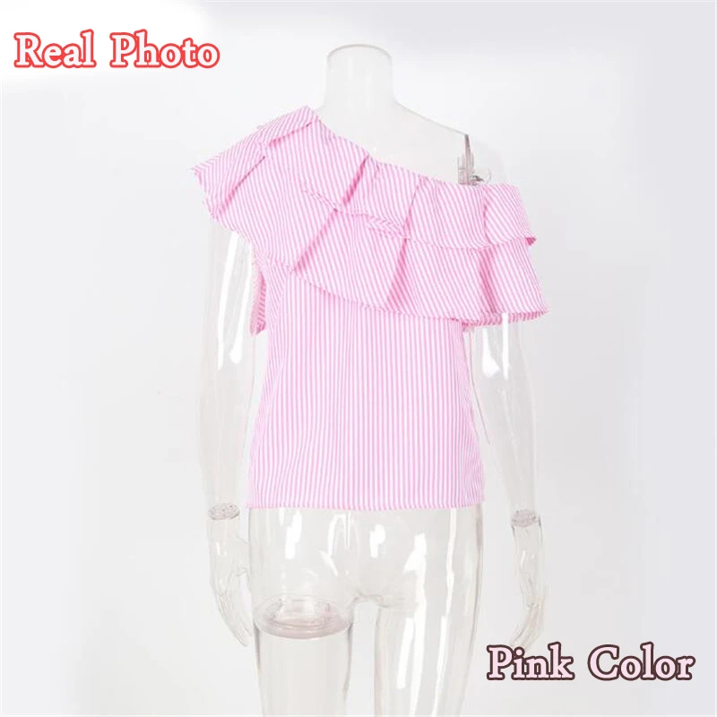 Футболка женская новый 2018 Лето рюшами Полосатый синий и розовый с плеча летняя