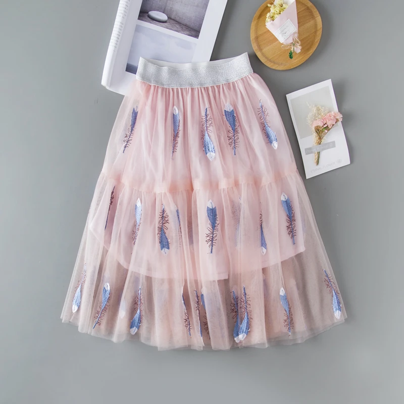

Autumn Baby Girl Tulle Skirt Lace Children Kid Girls Tutu Cute Embroidery Feather Mesh Girls Skirt Baby Girls Clothes 2-13Y