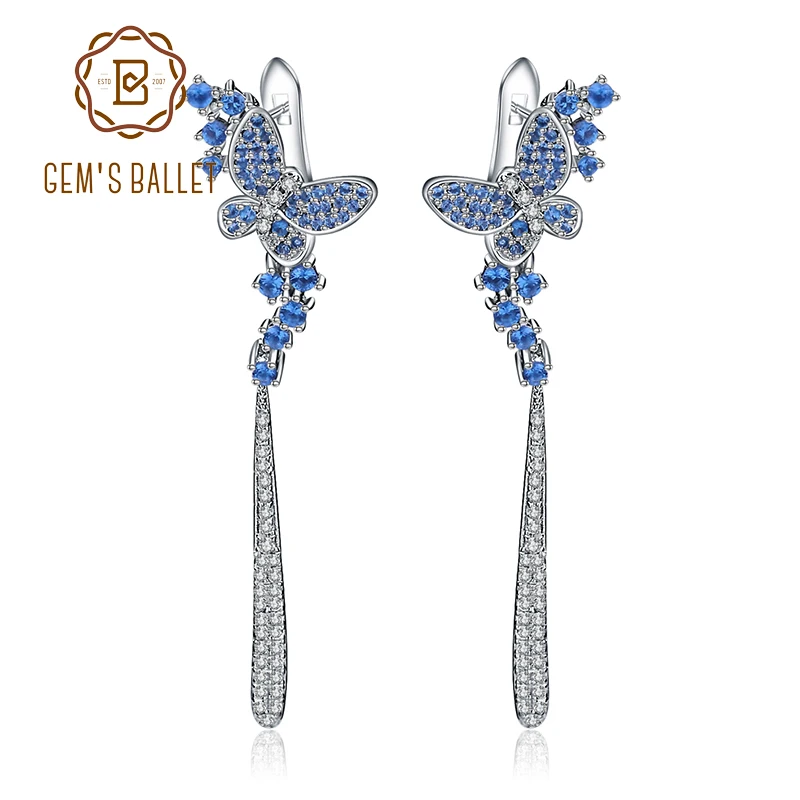 GEM'S BALLET Nano Blue Butterfly Long Drop Earrings 925 Sterling Sliver Vintage Romantic For Women Gift Party Jewelry | Украшения и