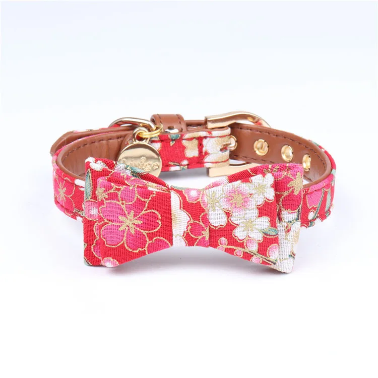 Rose Bowknot Прекрасный бантом домашние кошки ошейник с цветочным принтом Регулируемый щенок кошки Цепочки и ожерелья из искусственной кожи маленьких собак ошейники бульдог Chihuahu - Цвет: Rose Bowknot