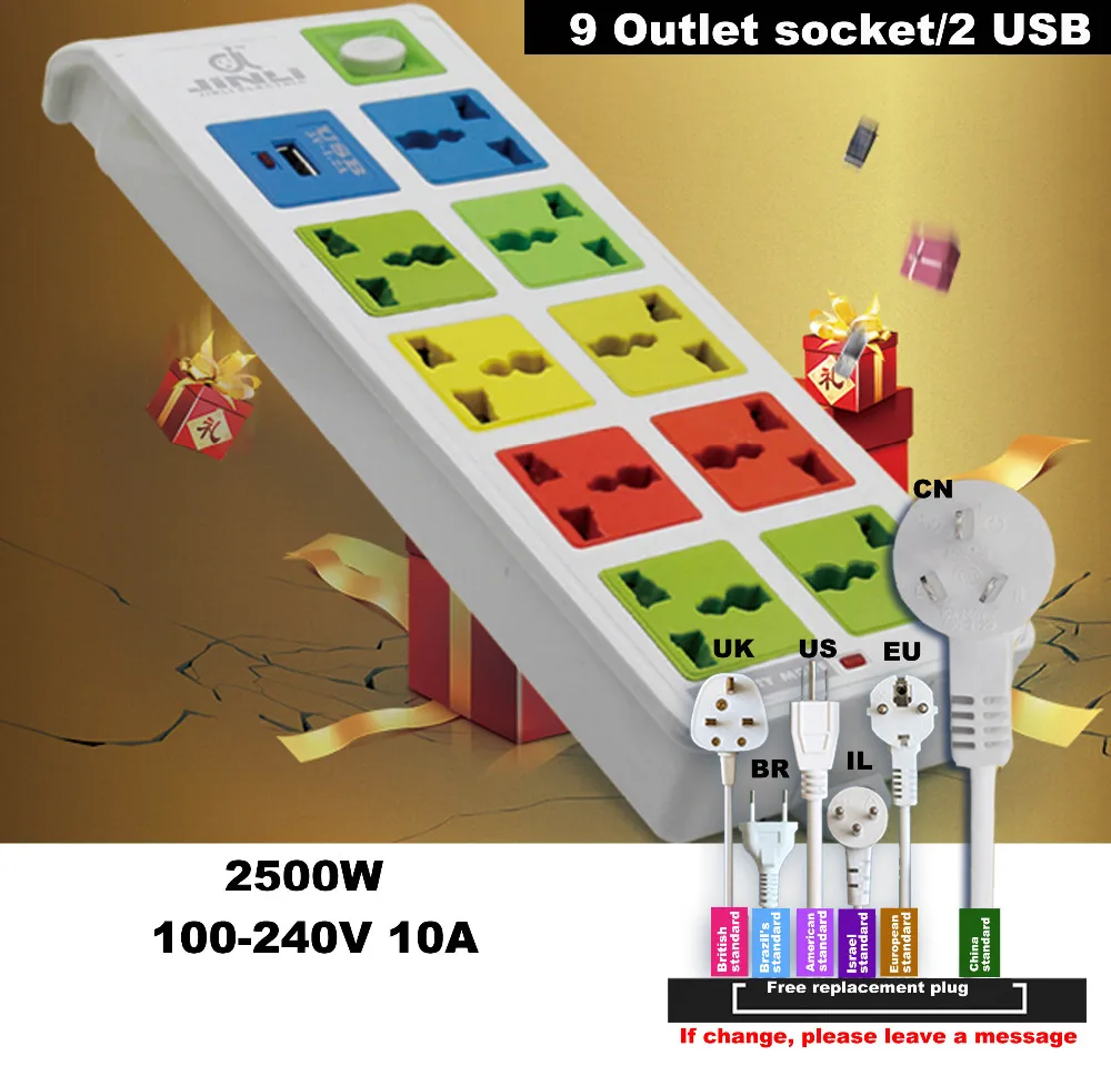 Защита от перенапряжения 9 розеток и 2 USB порта 100 ~ 240 В 10 А|eu us|socket aswitch and socket |