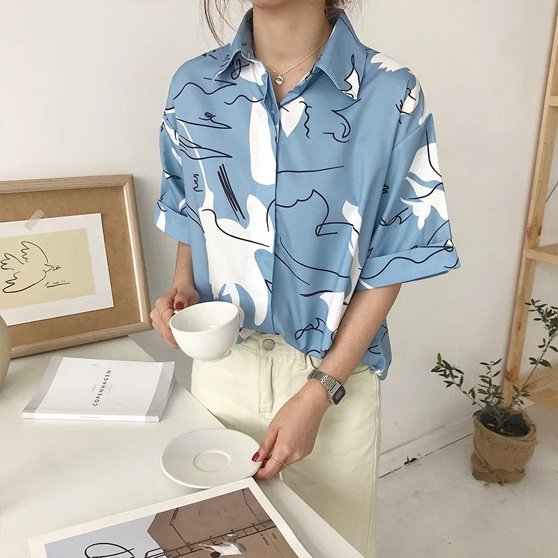Женские рубашки Ulzzang японские Kawaii винтажные свободные с принтом граффити Женская