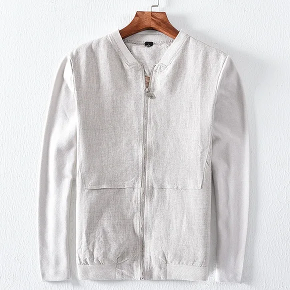 light khaki Осень и зима новая Мужская льняная куртка повседневная сшитая Льняная мужская куртка со стоячим воротником цвета хаки верхняя одежда мужская куртка - Цвет: light khaki