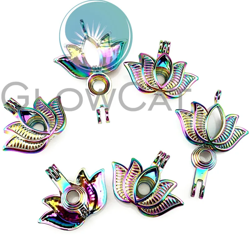 C846 Радужный цвет большой Лотос цветок бусины клетка парфюм эфирное масло