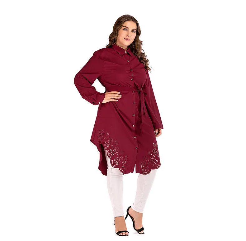 Красные женские рубашки, блузки размера плюс 4XL 5XL, осень, мусульманские, с длинным рукавом, с вырезами, вязанные крючком, цветочные, Необычные топы, Длинные рубашки