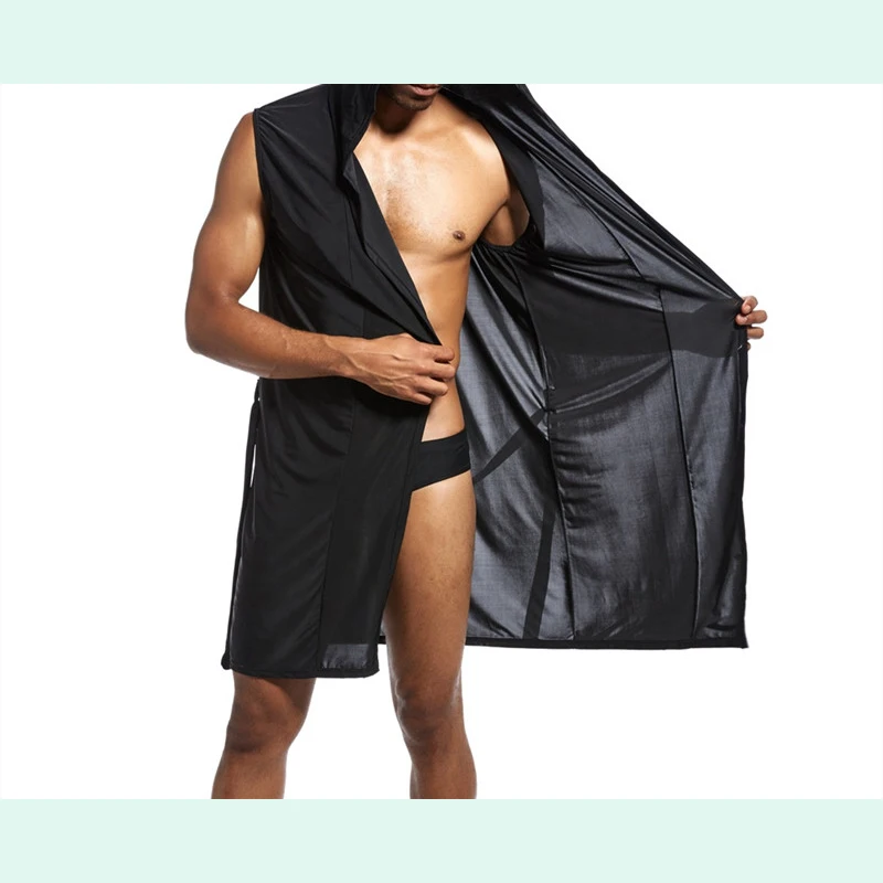 Summer Hoodie Bathrobe Casual/Sexy Gown For Men White/Black Elastic Belt Men's Polyester Sleeveless Cool Fashion Clothes NEWPjs