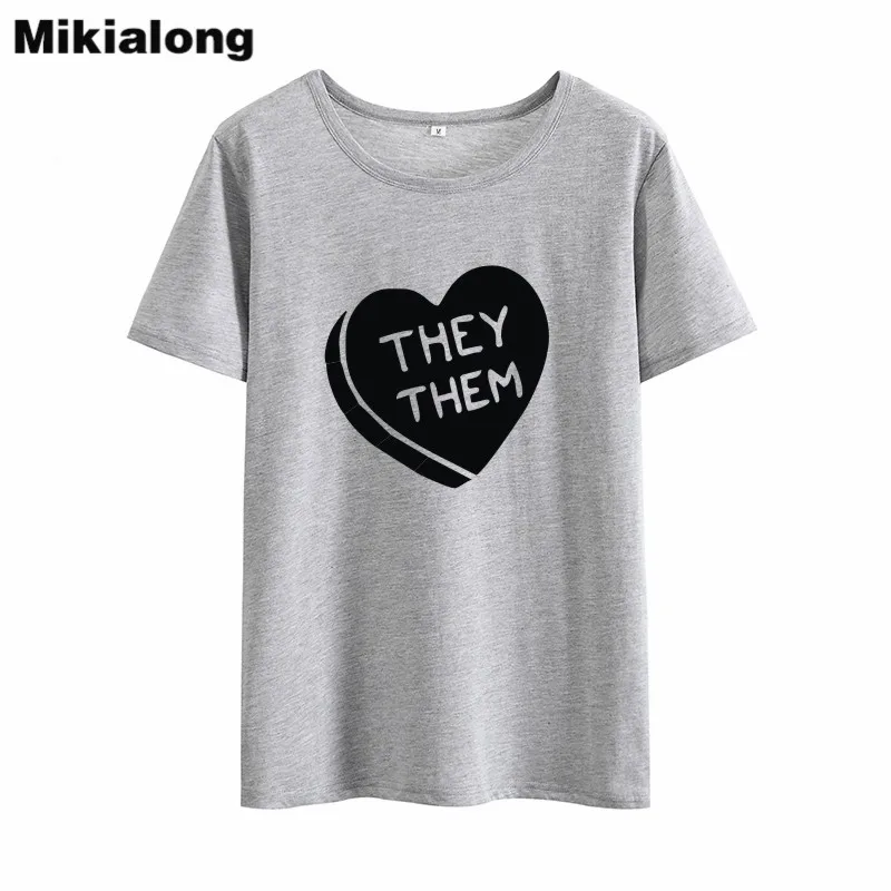MIkialong They Them Heart T Shirt Women 2018 Black White Cotton Basic Tshirt Top Kawaii Graphic Camisetas Mujer | Женская одежда