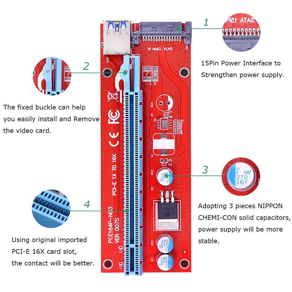 CHIPAL Red 007 VER007S PCI E Express 1x to 16x видеокарта расширитель адаптера VER007 для биткоина BTC Miner
