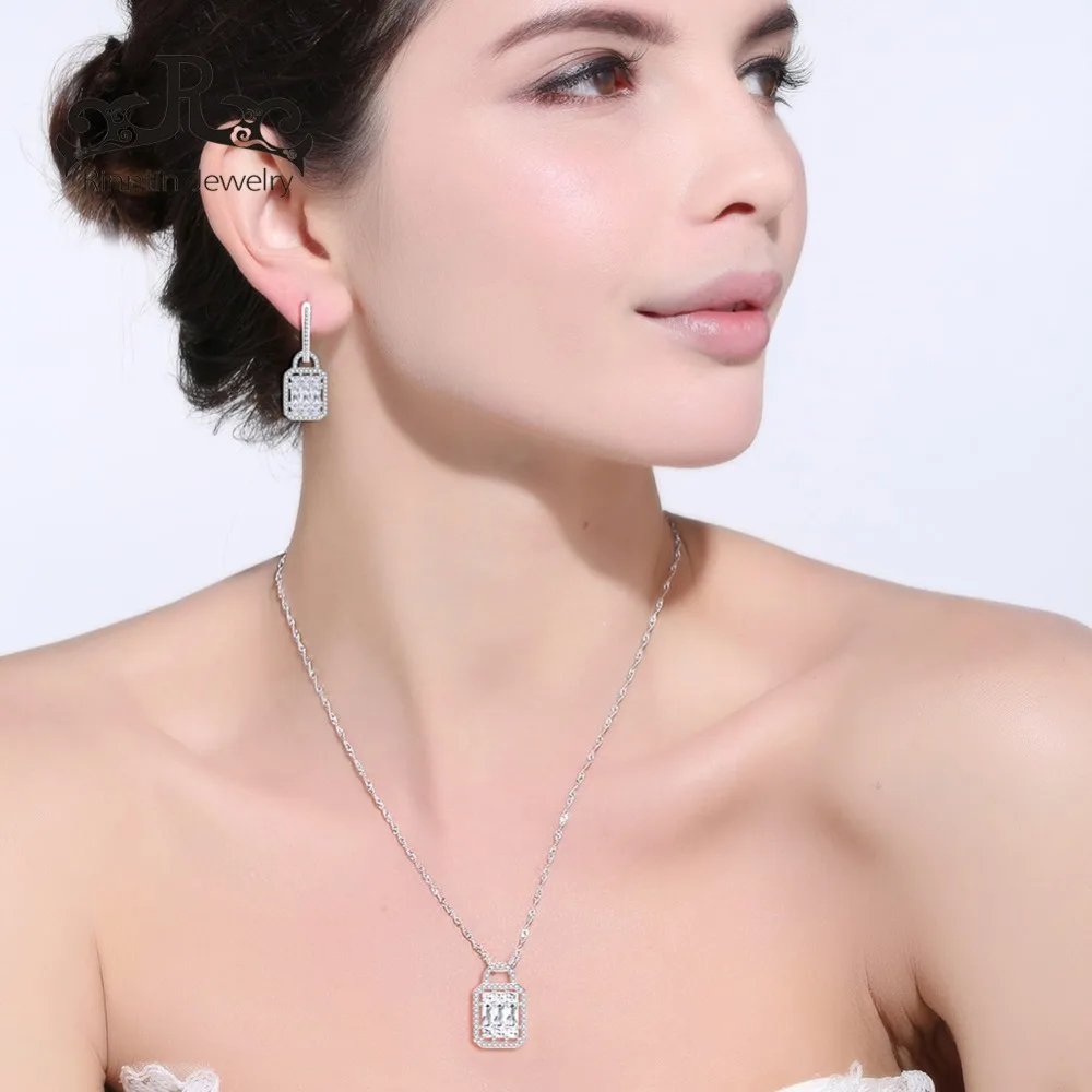 Effie queen, серебро пробы, женский ювелирный набор, серьги-кольца и ожерелье с блестящим квадратным AAA прозрачным кубическим цирконием TSS05