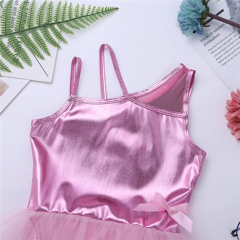 Kids Girls Glossy One Shoulder with Mesh Splice Bowknot Leotard Dress for Ballet Dance Gymnastics training Tutu | Детская одежда и
