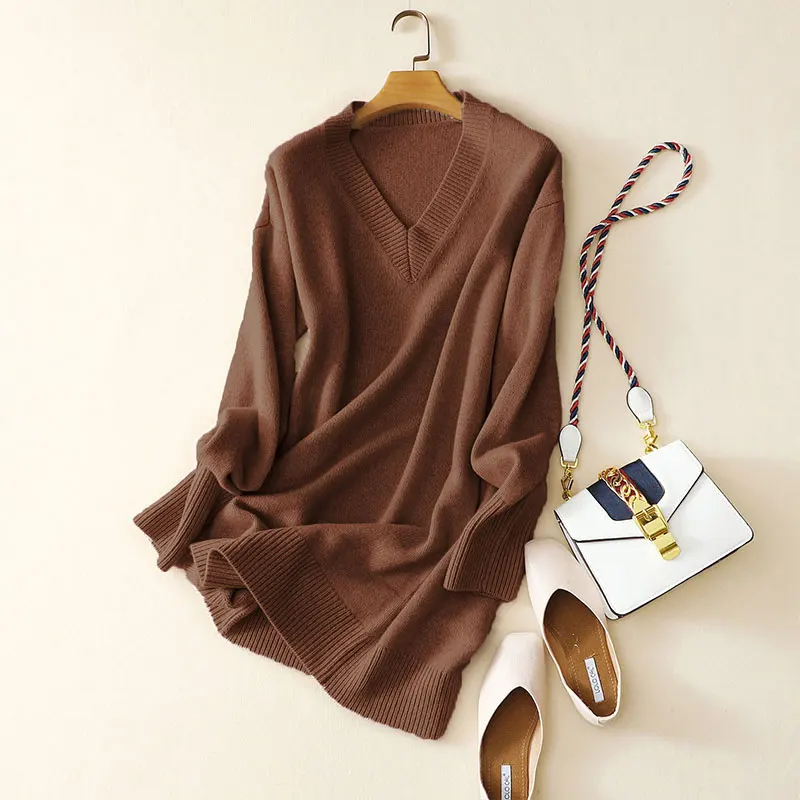 Kashana Top Fashion Girls Cashmere Dress Woman Winter Knitted Dress Fashion Deep V-neck Thick Ladies Dress Free Shipping - Цвет: Caramel
