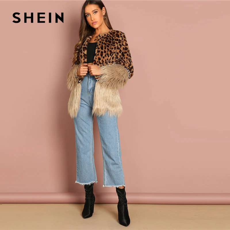 SHEIN Пальто Из Искусственного Меха С Контрастной Отделкой Модное Укороченное Пальто Из Эко Меха