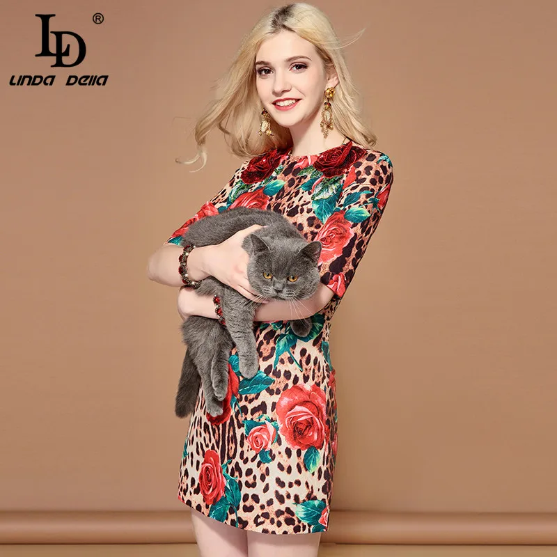 LD LINDA DELLA Fashion Runway Summer Dress Women's Half Sleeve Sequin Floral Leopard Print Sexy Elegant Short vestido | Женская