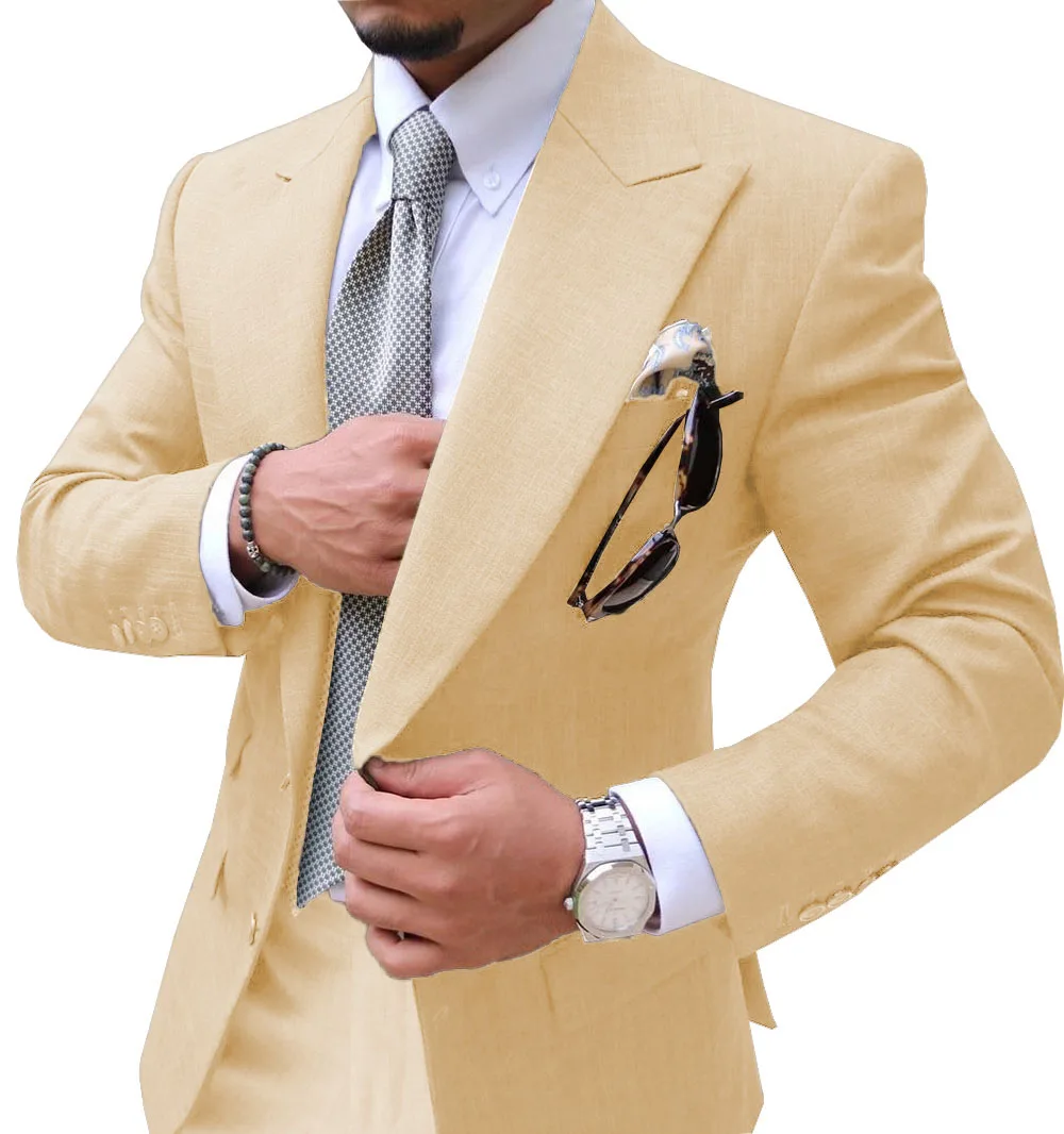 champagne Мужские костюмы Slim Fit из двух частей шампанского деловой пиджак жениха смокинг Блейзер зеленые костюмы для свадьбы выпускного вечера(Блейзер+ брюки - Цвет: champagne