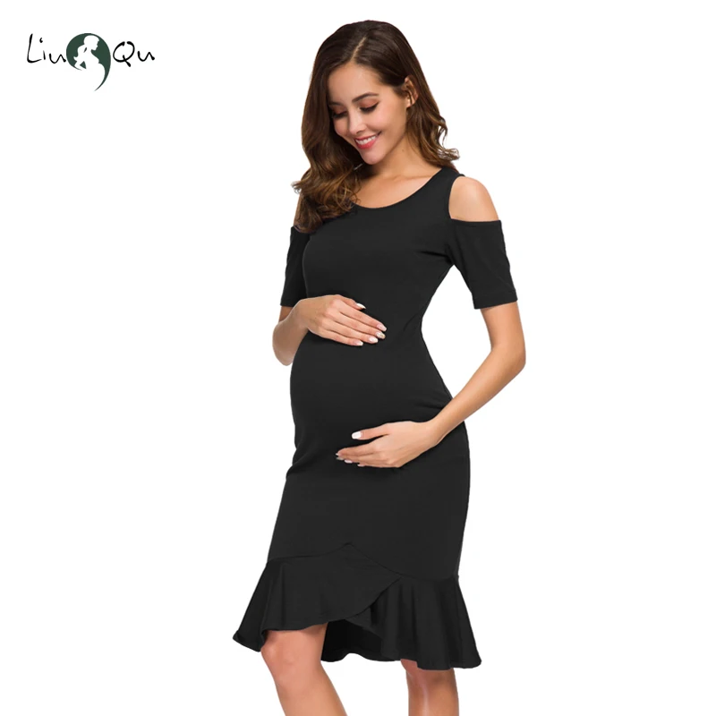 Платье-миди для беременных с оборками и открытыми плечами | Мать ребенок