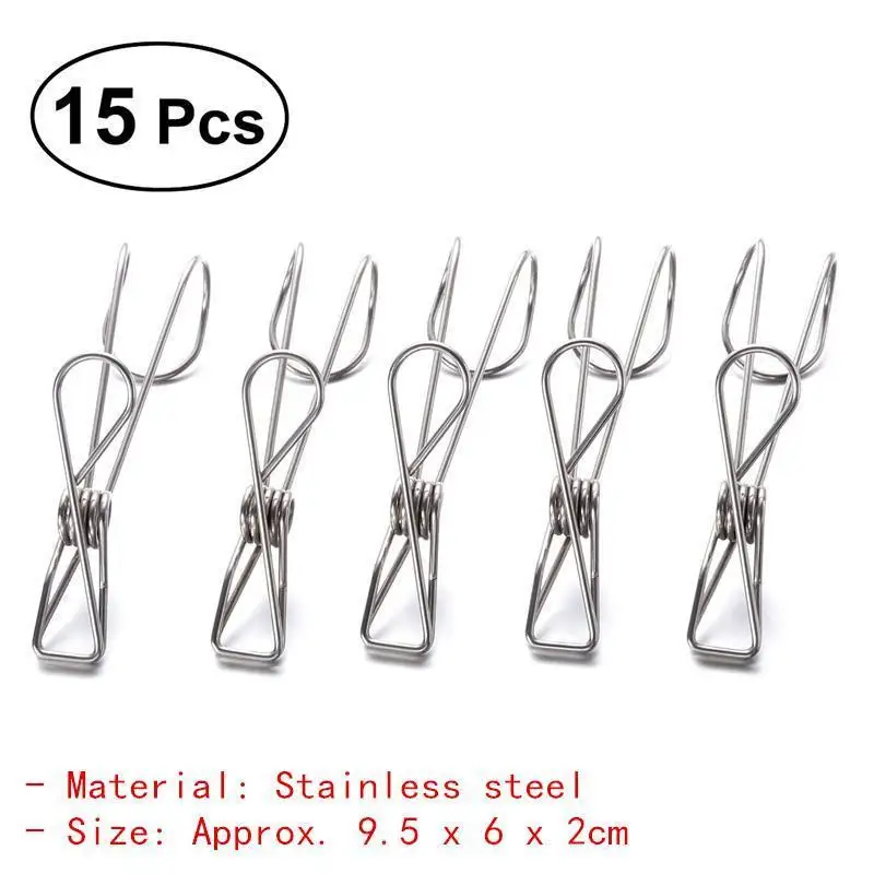 15pcs OUNONA из нержавеющей стали, вешалка для одежды, фото, бумаги, булавки, зажимы, бытовые зажимы, сушилка для белья, носки, зажимы, колышки - Цвет: 15pcs