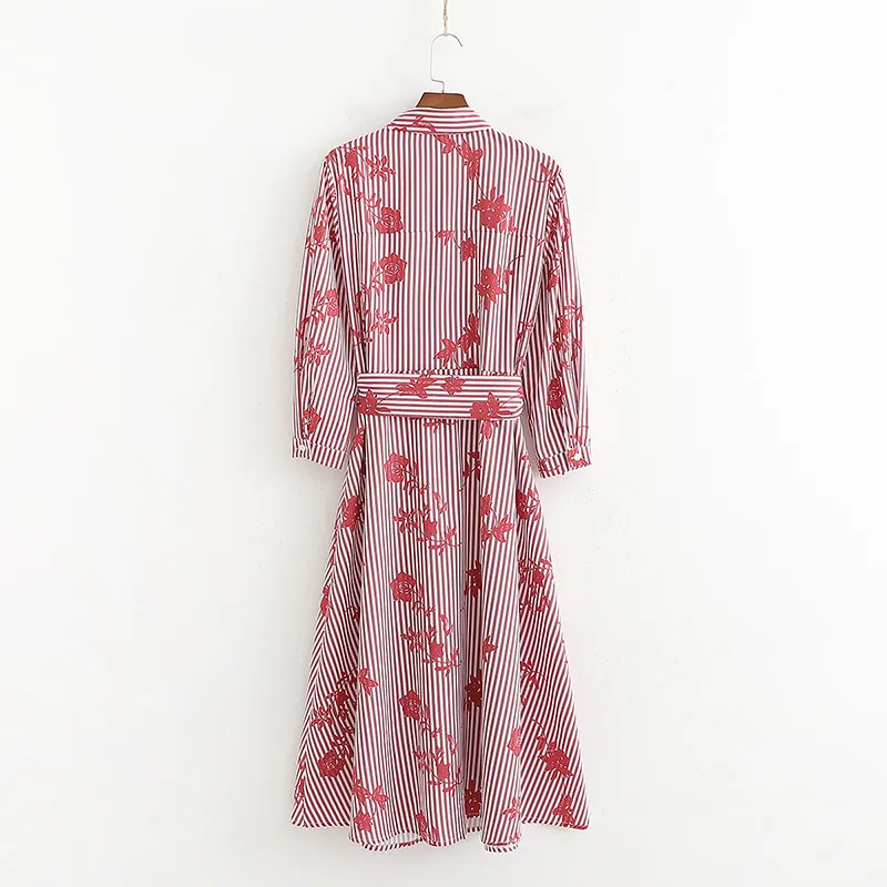 Для женщин Цветочный принт красный полосатый атласная платье-рубашка с отложным