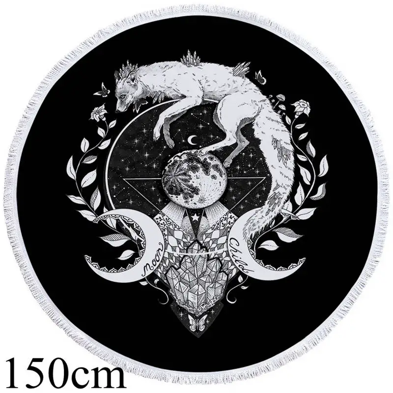 Black 150cm Волк галактика Пикси холодное искусство круглое пляжное полотенце луна ребенок гобелен лиса животное Toalla одеяло планета банное полотенце 150 см Коврик для йоги - Цвет: Black 150cm
